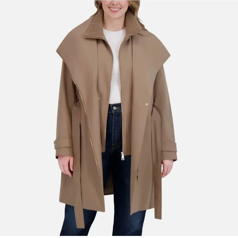 Halston Women's Belted Trench Coat  Brown - Picture 3 of 5